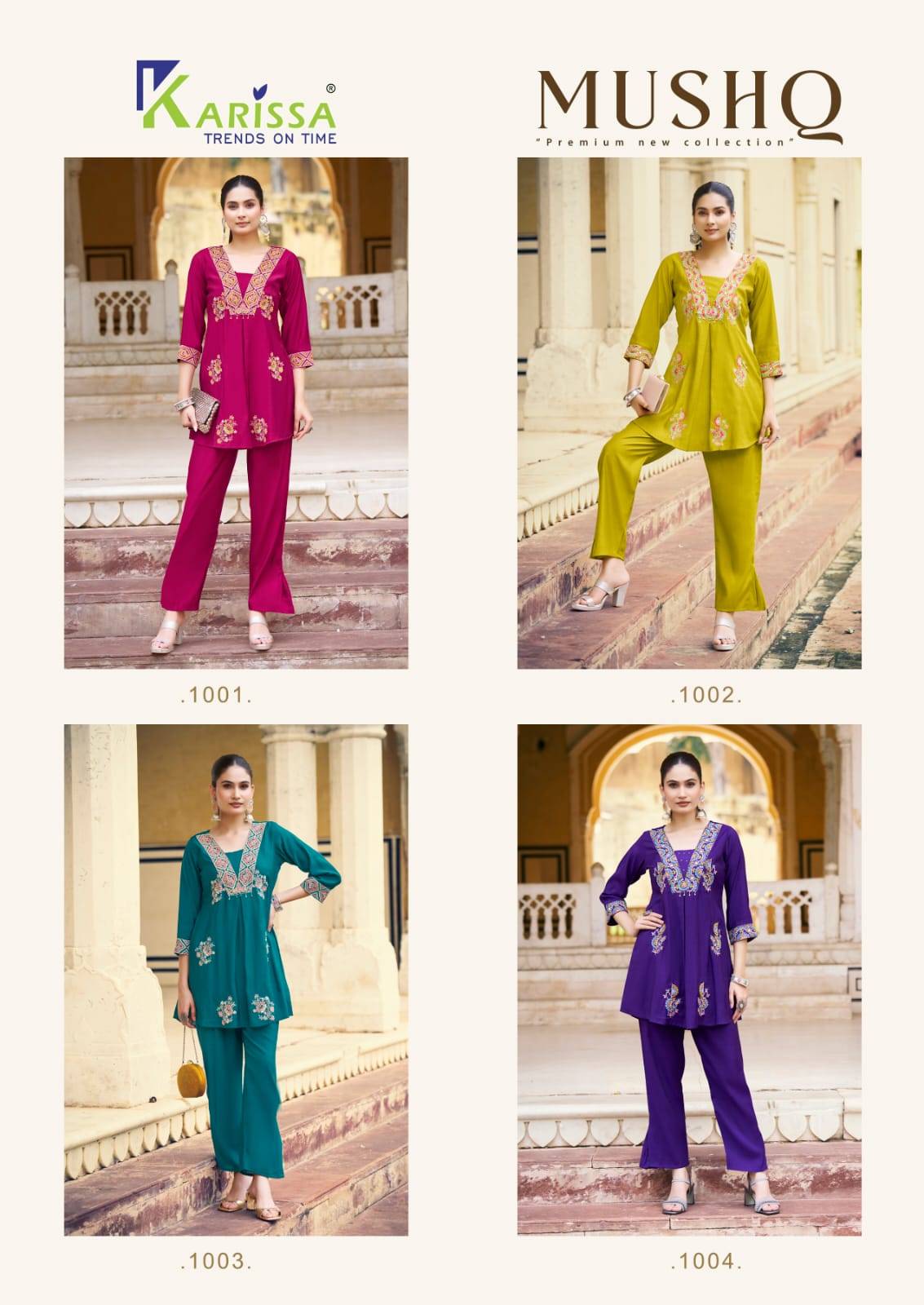 MUSHQ By KARISSA 1001 To 1004 Series Beautiful Festive Suits Colourful Premium pure Viscose Co-ord sets At Wholesale Price